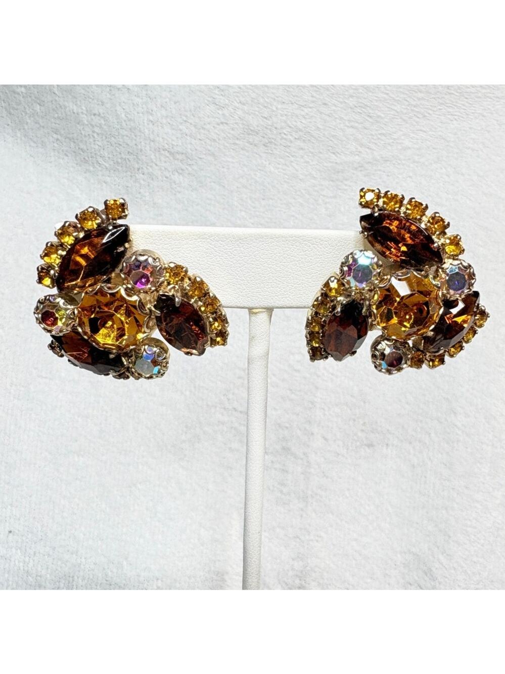 Mid‑Century Topaz and AB Rhinestone Cluster Clip‑On Earrings, c.1955–65